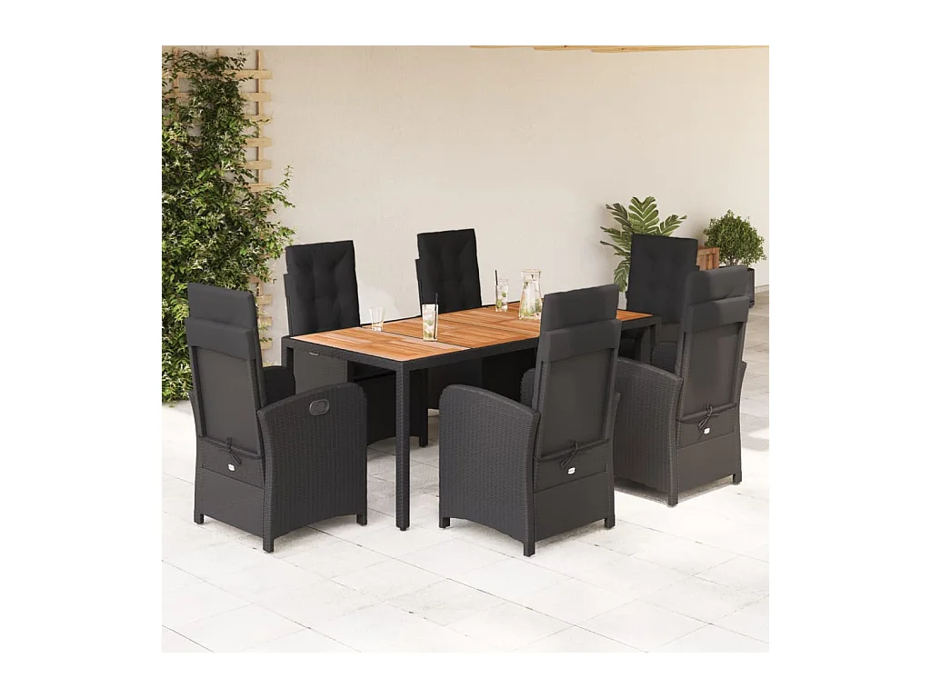 Ensemble à manger de jardin coussins 7pcs Noir Résine tressée