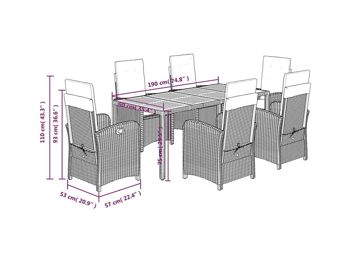 Ensemble à manger de jardin coussins 7pcs Noir Résine tressée