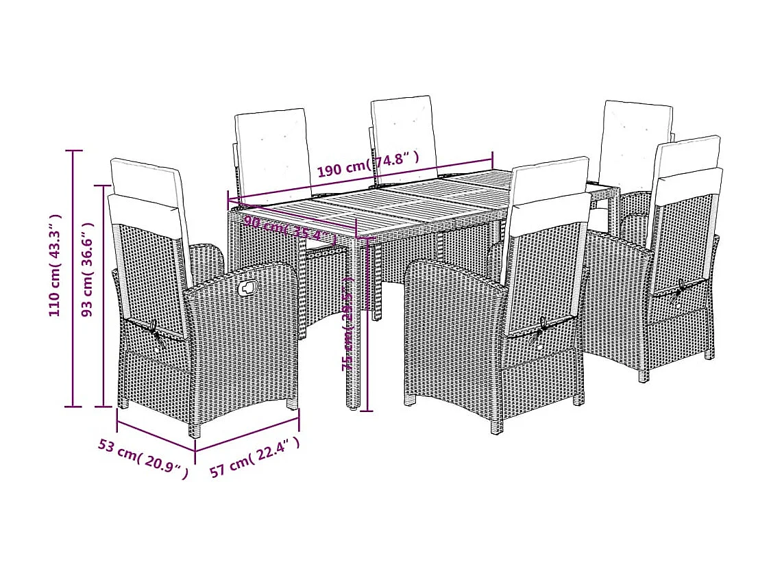 Ensemble à manger de jardin coussins 7pcs Noir Résine tressée
