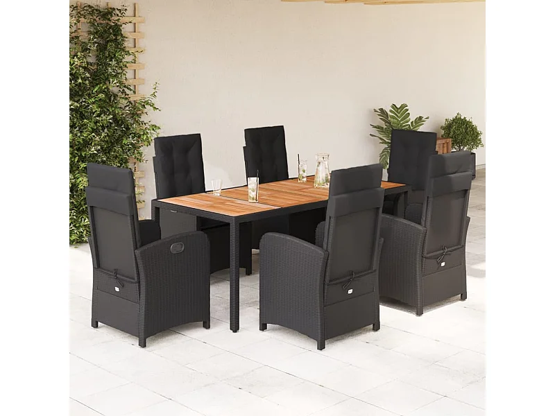 7-tlg. Garten-Essgruppe mit Kissen Schwarz Poly Rattan