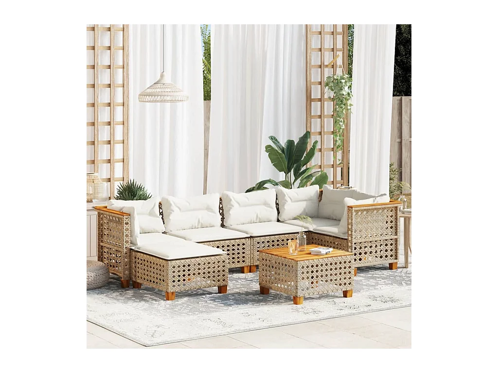 Salon de jardin avec coussins 7 pcs beige résine tressée