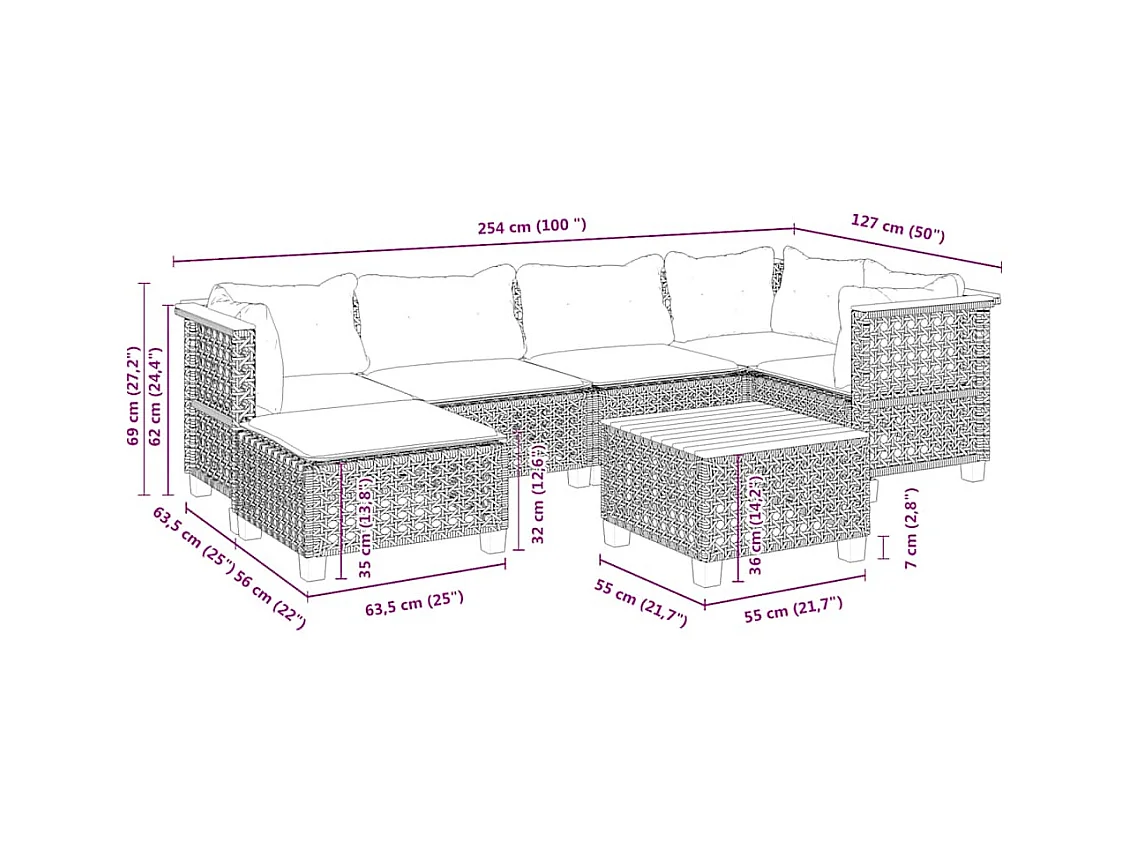 Salon de jardin avec coussins 7 pcs beige résine tressée