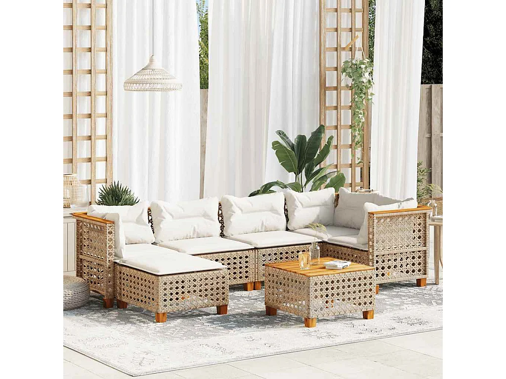 7-tlg. Garten-Sofagarnitur mit Kissen Beige Poly Rattan
