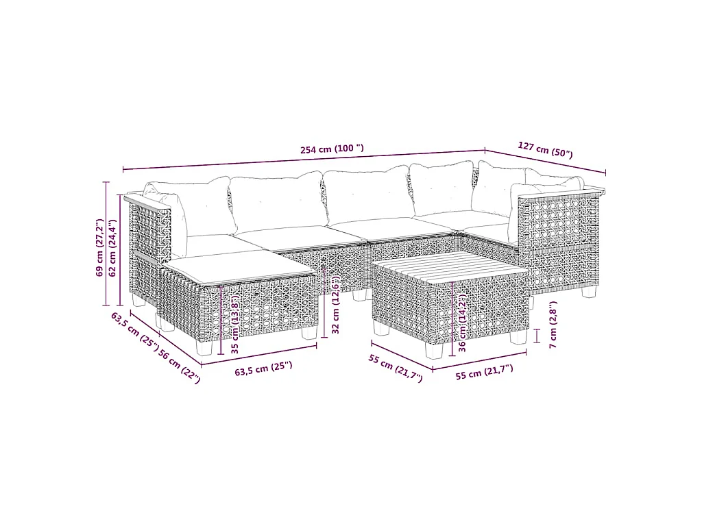 7-tlg. Garten-Sofagarnitur mit Kissen Beige Poly Rattan