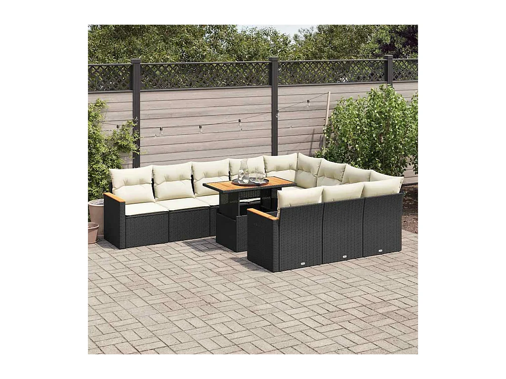 11-tlg. Garten-Sofagarnitur mit Kissen Schwarz Poly Rattan