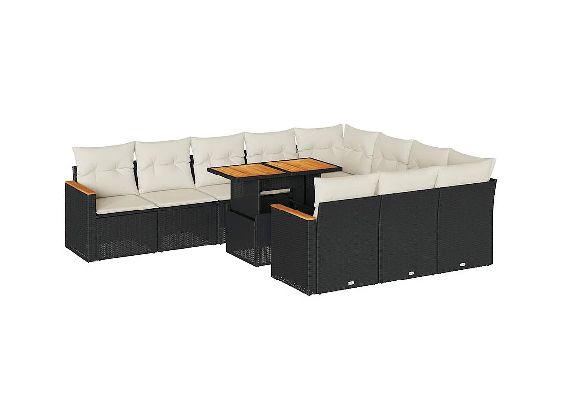 11-tlg. Garten-Sofagarnitur mit Kissen Schwarz Poly Rattan