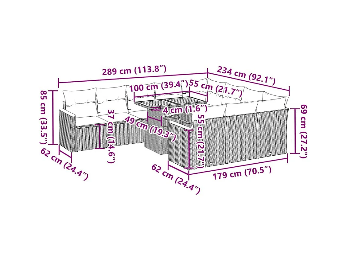 11-tlg. Garten-Sofagarnitur mit Kissen Schwarz Poly Rattan