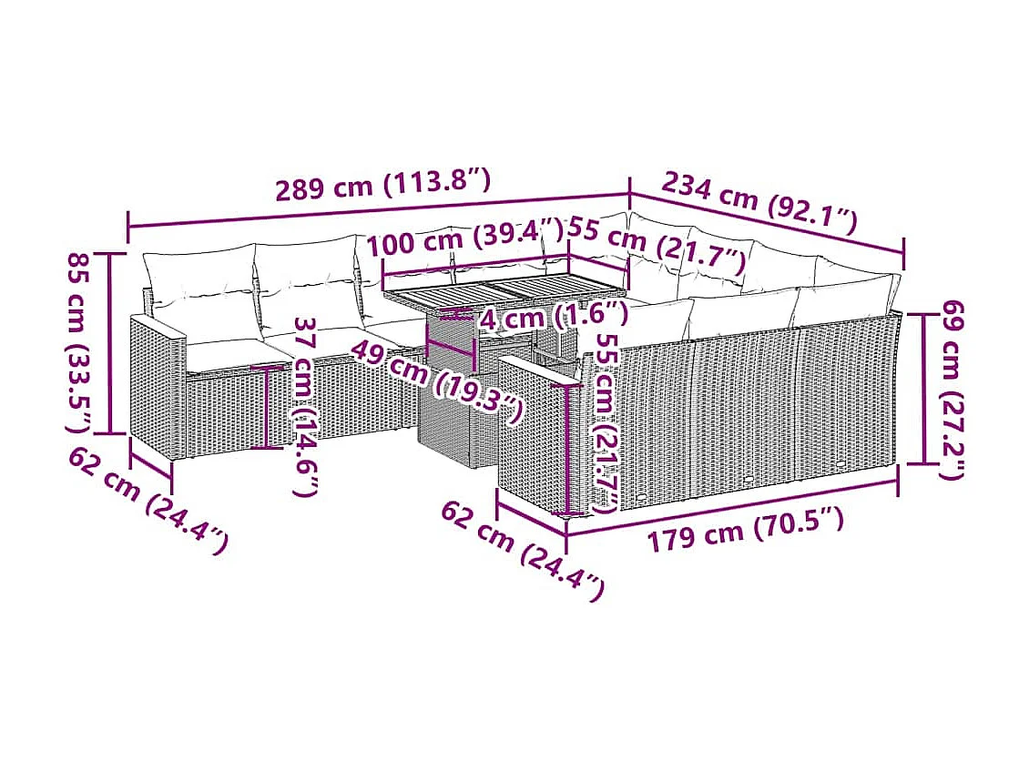 Ensemble de canapés de jardin 11 pcs et coussins rotin acacia