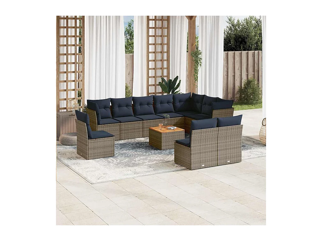 Salon de jardin 11 pcs avec coussins gris résine tressée