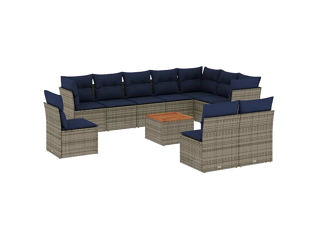 11 pcs conjunto sofás de jardim c/ almofadões vime PE cinzento