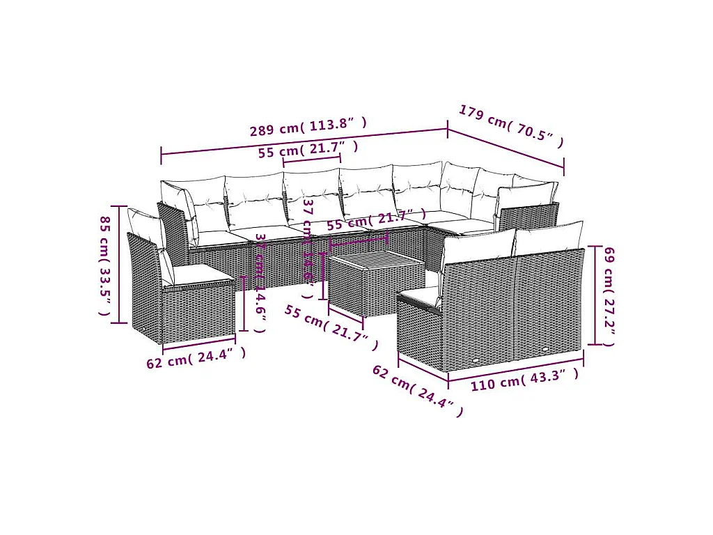 11 pcs conjunto sofás de jardim c/ almofadões vime PE cinzento