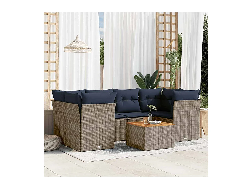Salon de jardin 7 pcs avec coussins gris résine tressée