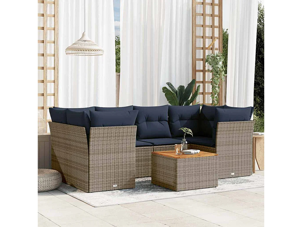 Set Divani da Giardino 7 pz con Cuscini Grigio in Polyrattan