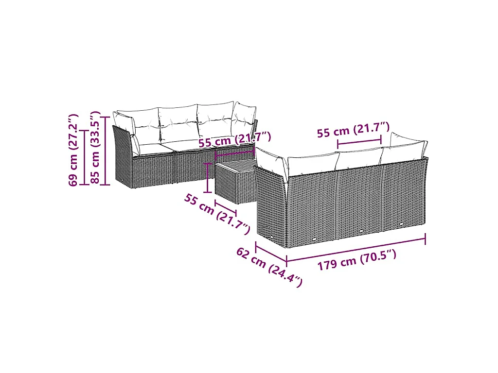 Set Divani da Giardino 7 pz con Cuscini Grigio in Polyrattan
