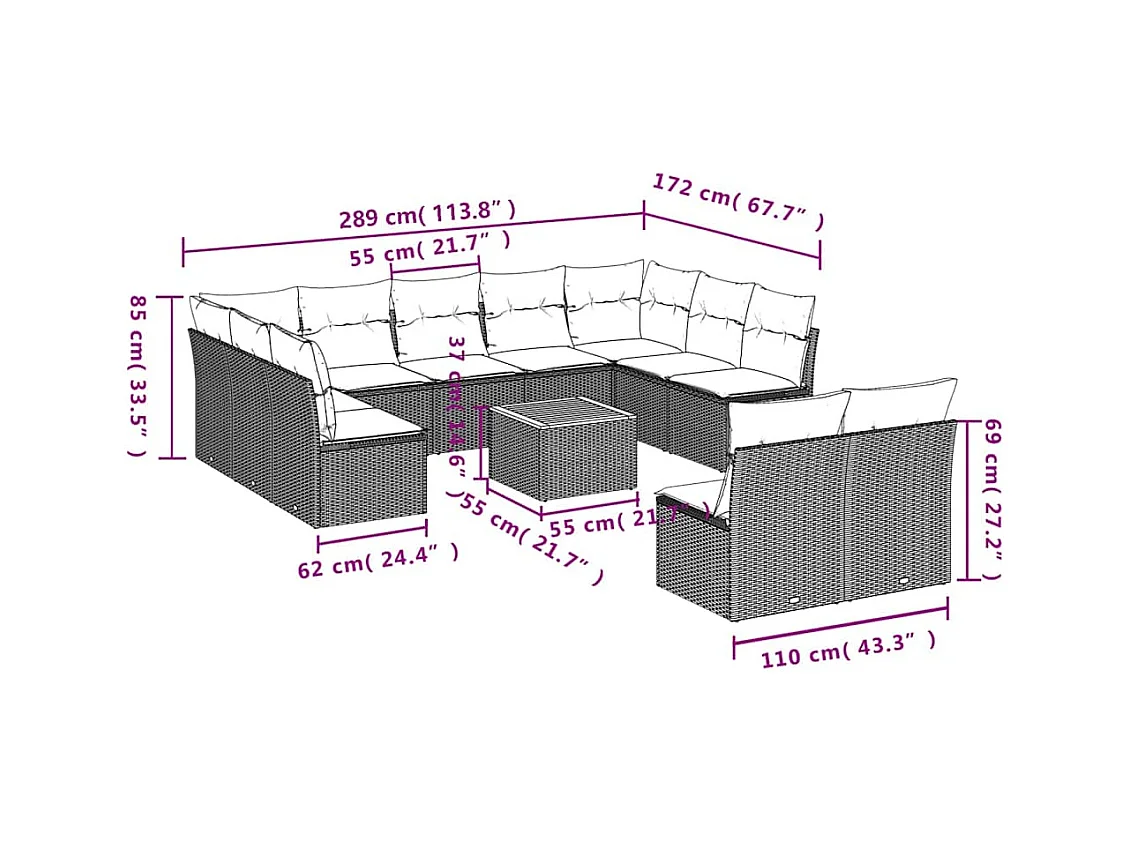 Set Divani da Giardino 12 pz con Cuscini Grigio in Polyrattan