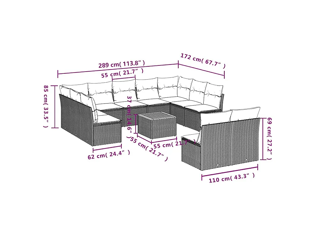 12-tlg. Garten-Sofagarnitur mit Kissen Grau Poly Rattan