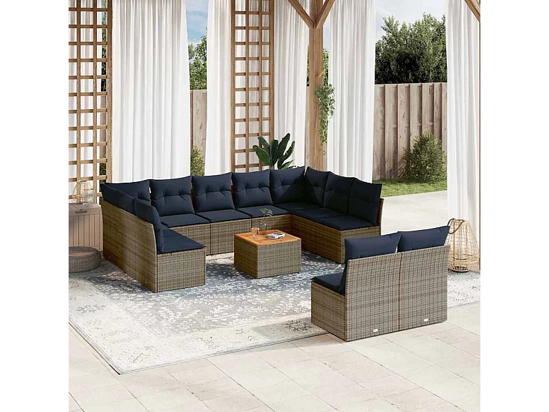 12-delige Loungeset met kussens poly rattan grijs