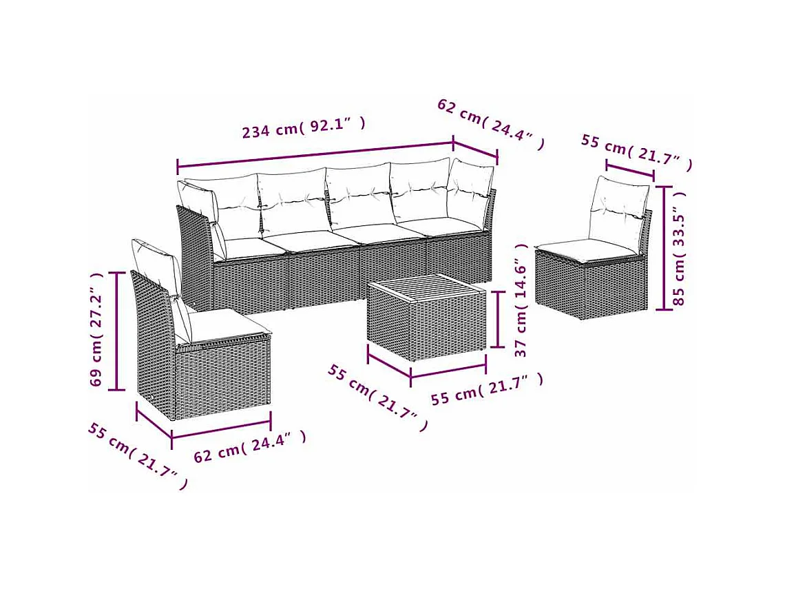 Set Divani da Giardino 7 pz con Cuscini Grigio in Polyrattan