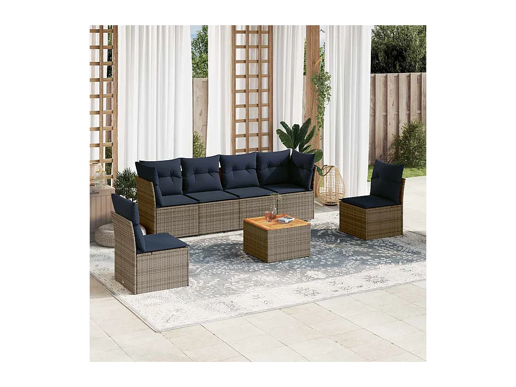 Salon de jardin 7 pcs avec coussins gris résine tressée