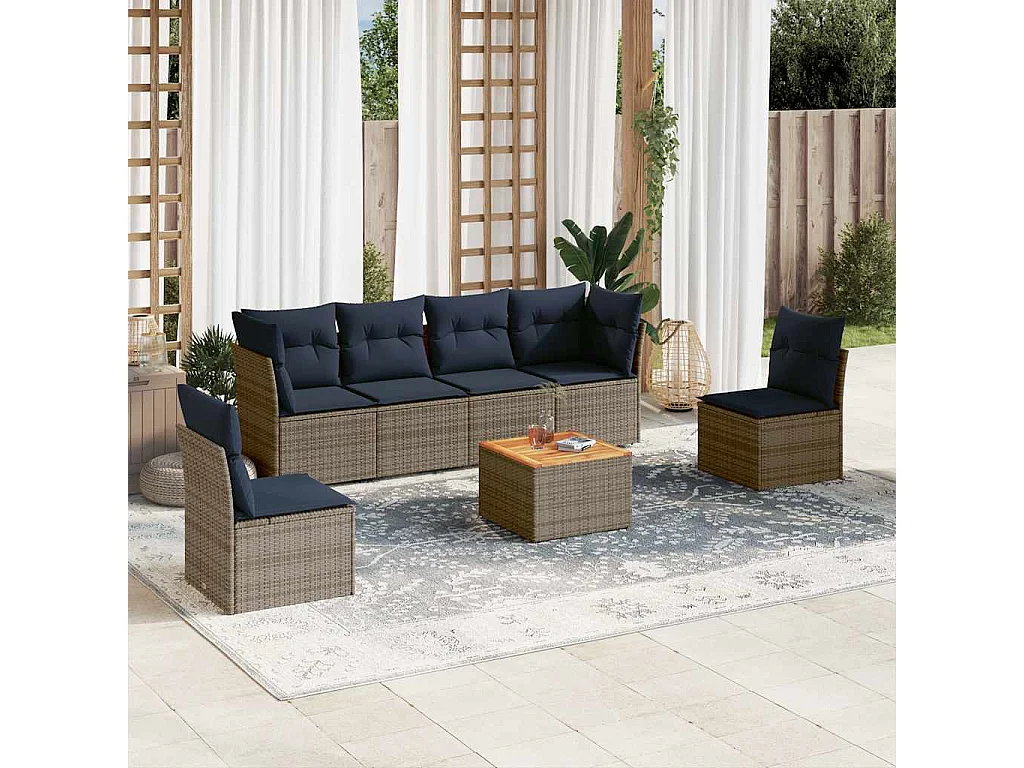 Salon de jardin 7 pcs avec coussins gris résine tressée