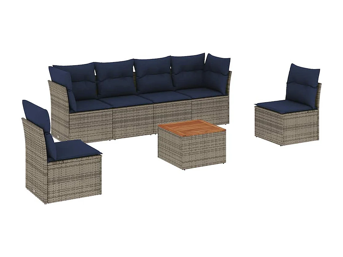 Salon de jardin 7 pcs avec coussins gris résine tressée