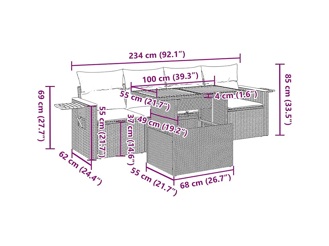 5 pcs conjunto sofás de jardim com almofadões acácia e vime PE