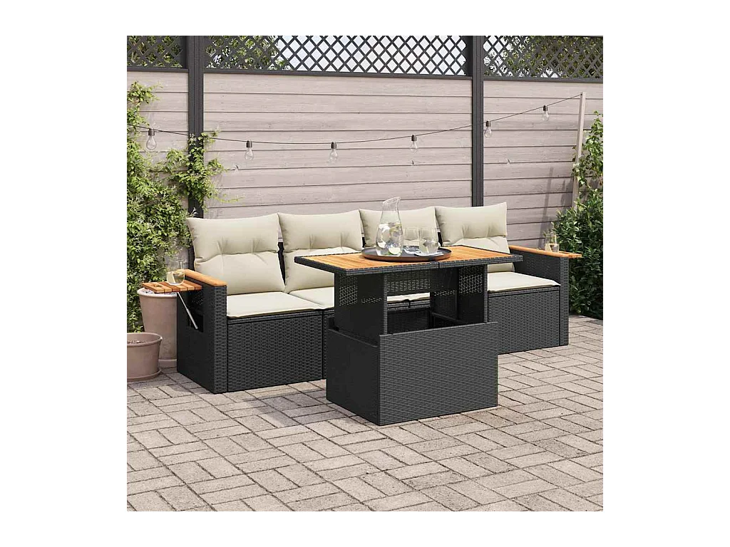 Salon de jardin 5 pcs avec coussins noir résine tressée acacia