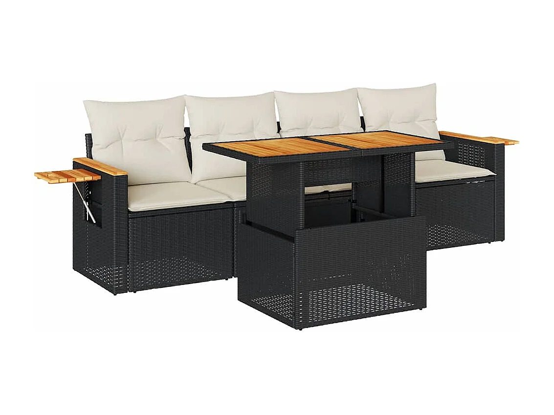 Salon de jardin 5 pcs avec coussins noir résine tressée acacia