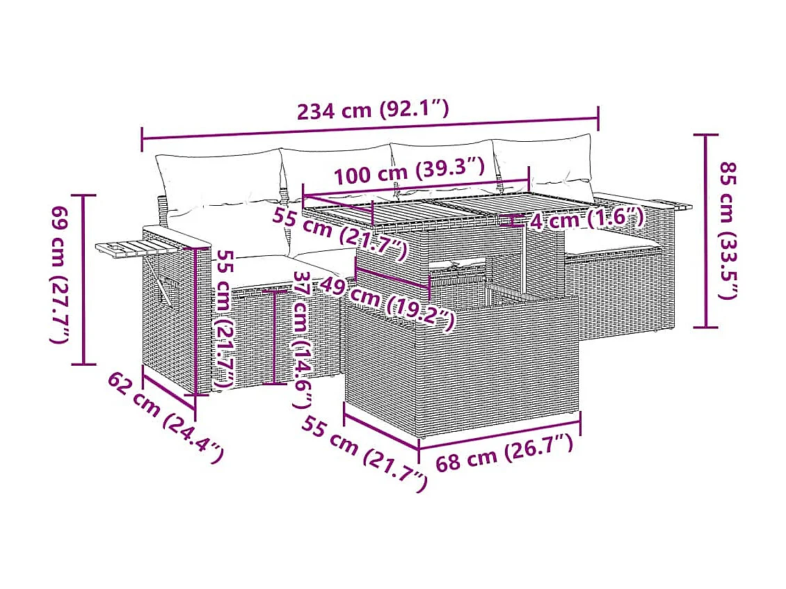 Salon de jardin 5 pcs avec coussins noir résine tressée acacia