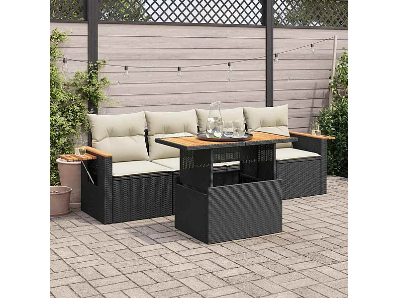Salon de jardin 5 pcs avec coussins noir résine tressée acacia