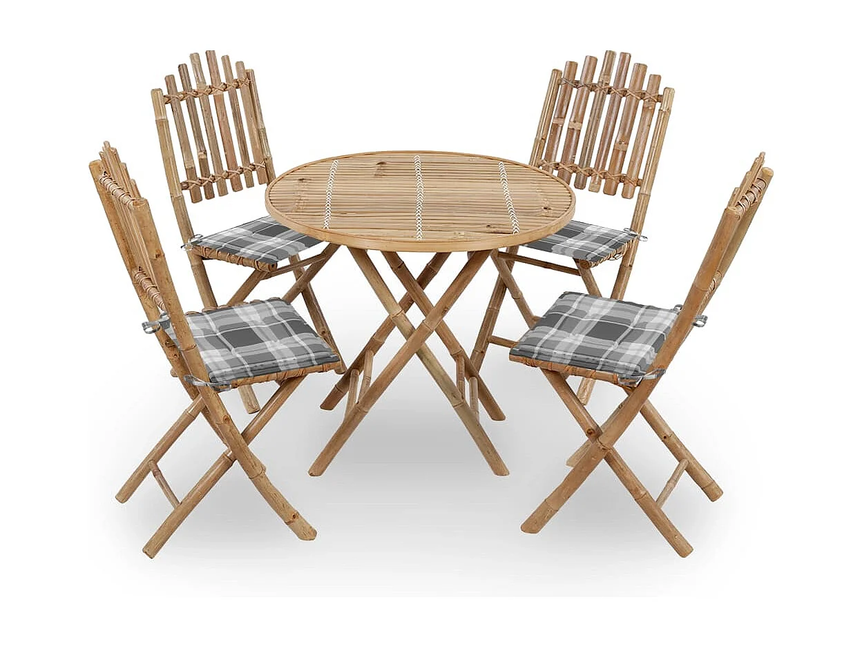 5 pcs conj. de jantar dobrável c/ almofadões p/ exterior bambu
