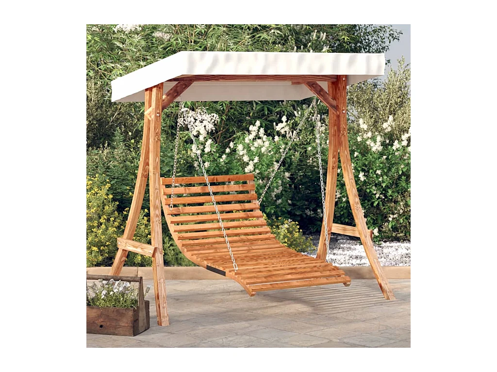 Tumbona columpio con toldo madera maciza abeto acabado de teca