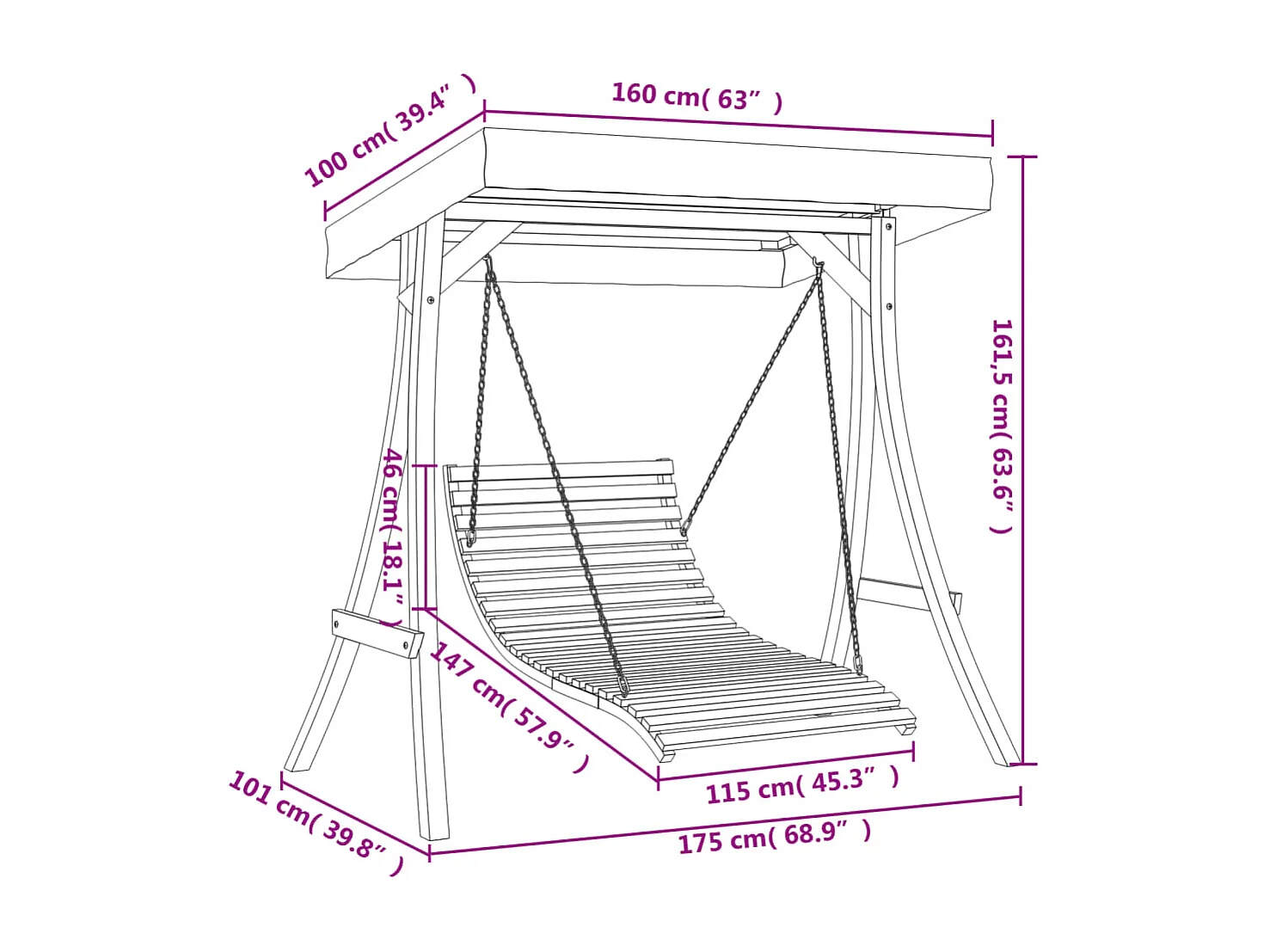 Tumbona columpio con toldo madera maciza abeto acabado de teca