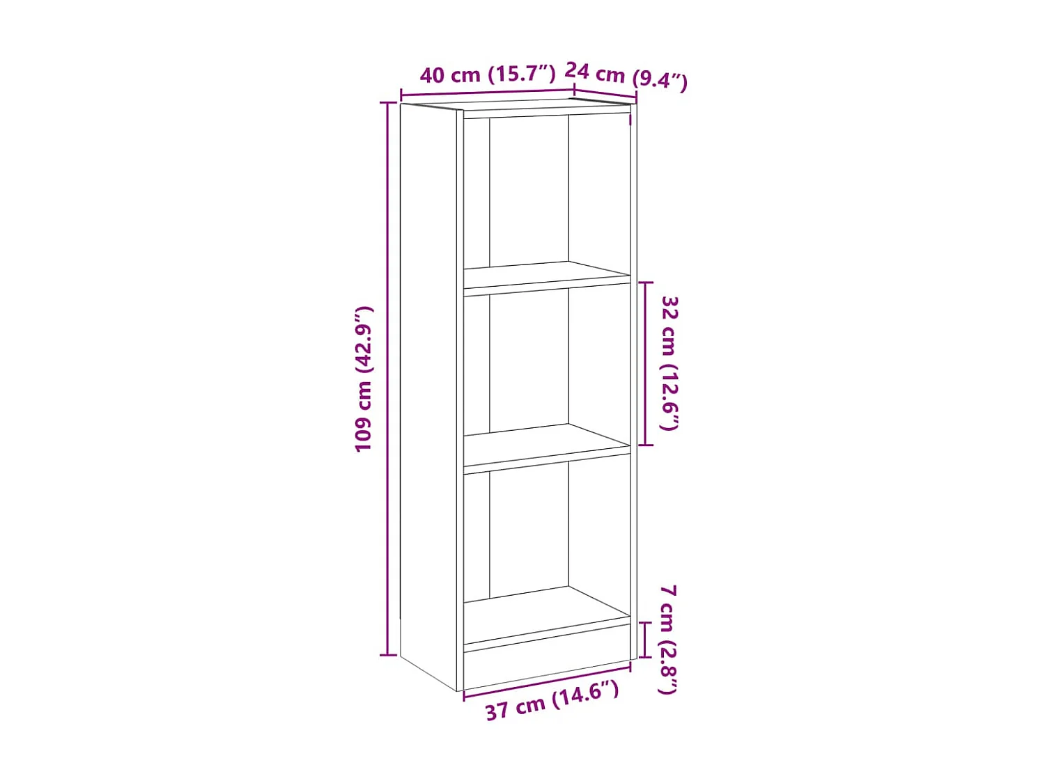 Bibliothèque à 3 niveaux gris 40x24x109 cm bois d'ingénierie