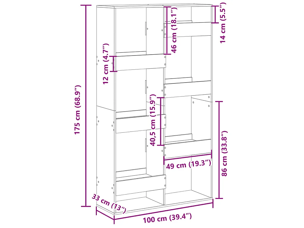 Boekenkast 100x33x175 cm bewerkt hout betongrijs