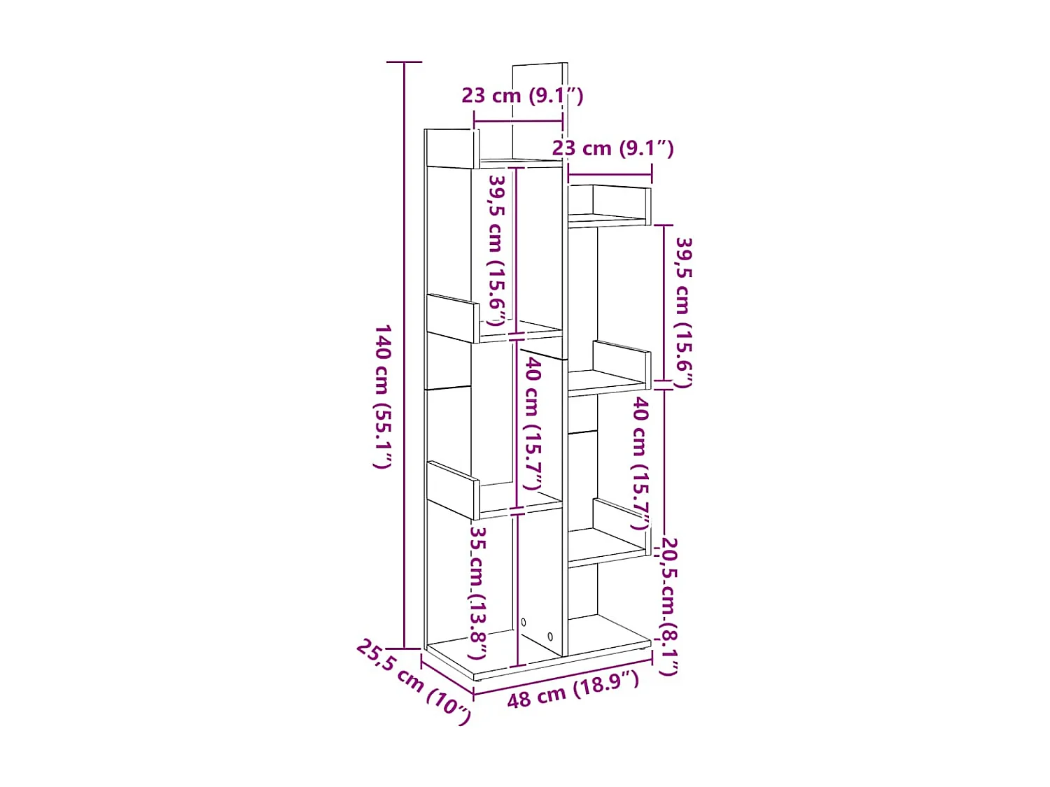 Ręcznie wykonana biblioteczka narożna z dębu 48x25,5x140 cm drewno inżynieryjne 8 solidnych półek bez LED
