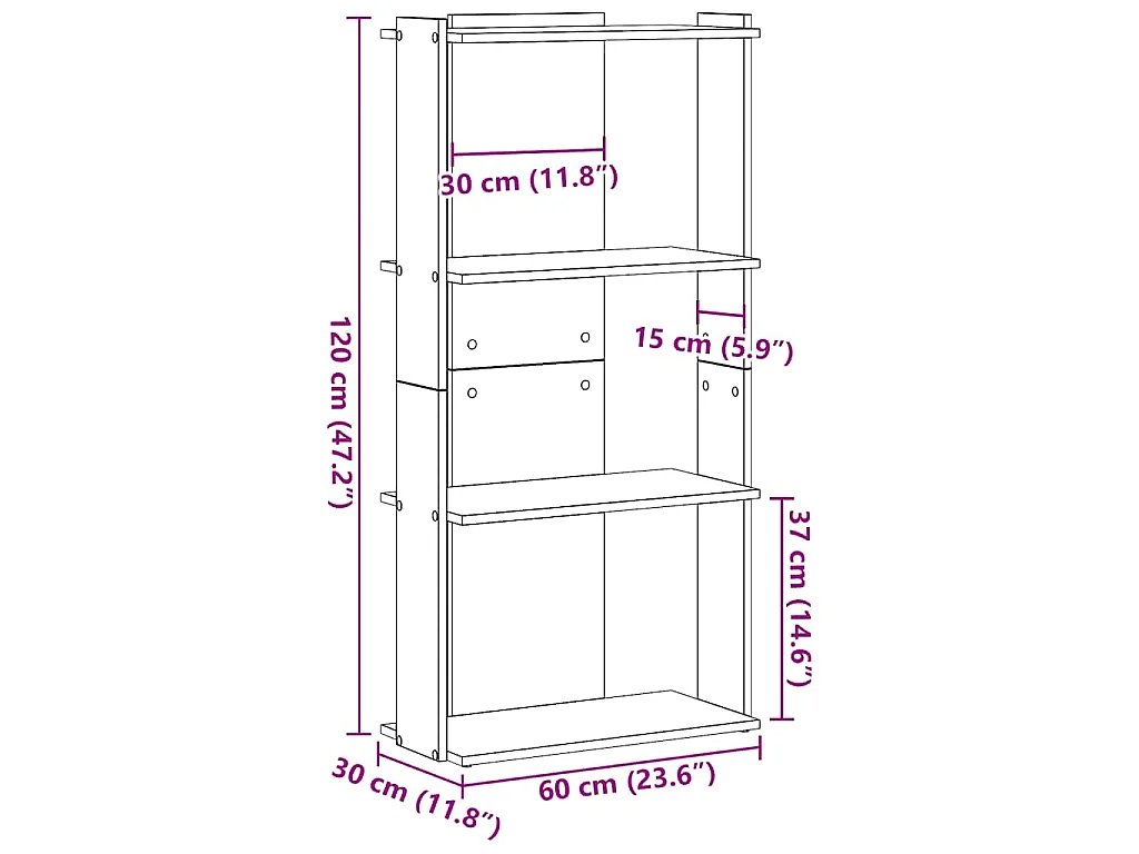 Boekenkast 3-laags 60x30x120 cm bewerkt hout sonoma eikenkleur