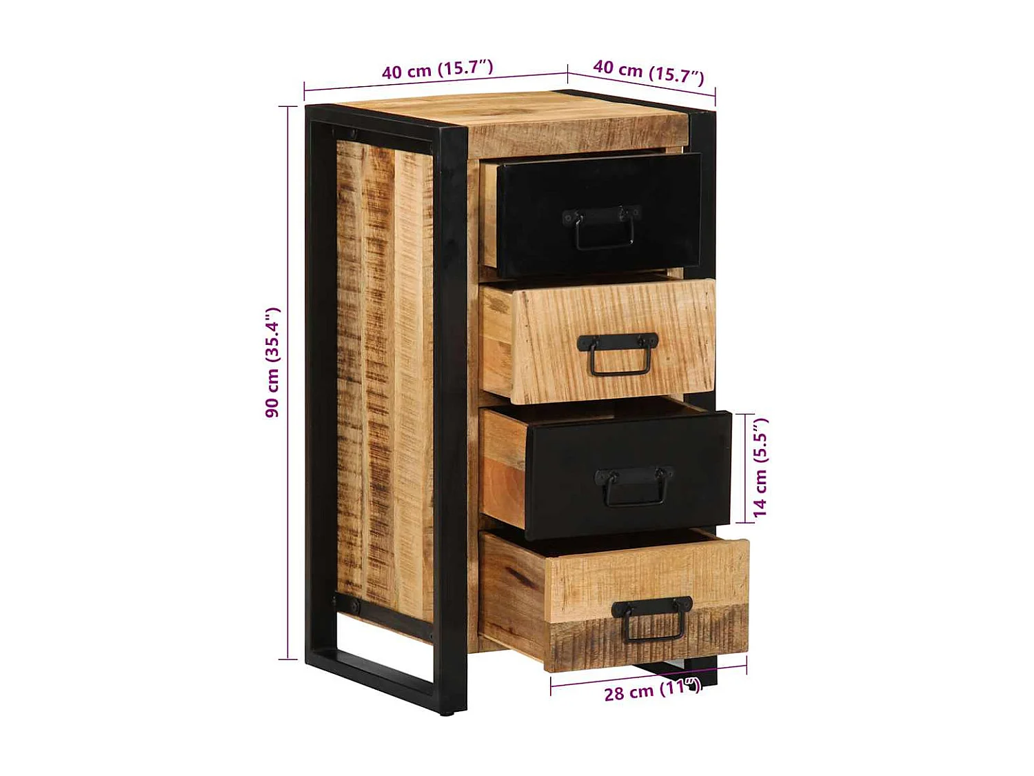 Armoire à tiroir 40x40x75 cm bois de manguier massif brut