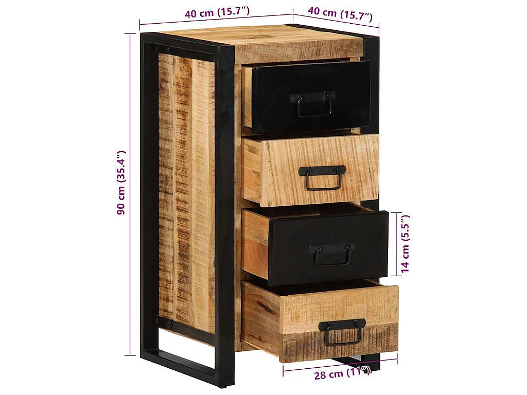 Armoire à tiroir 40x40x90 cm bois de manguier massif brut