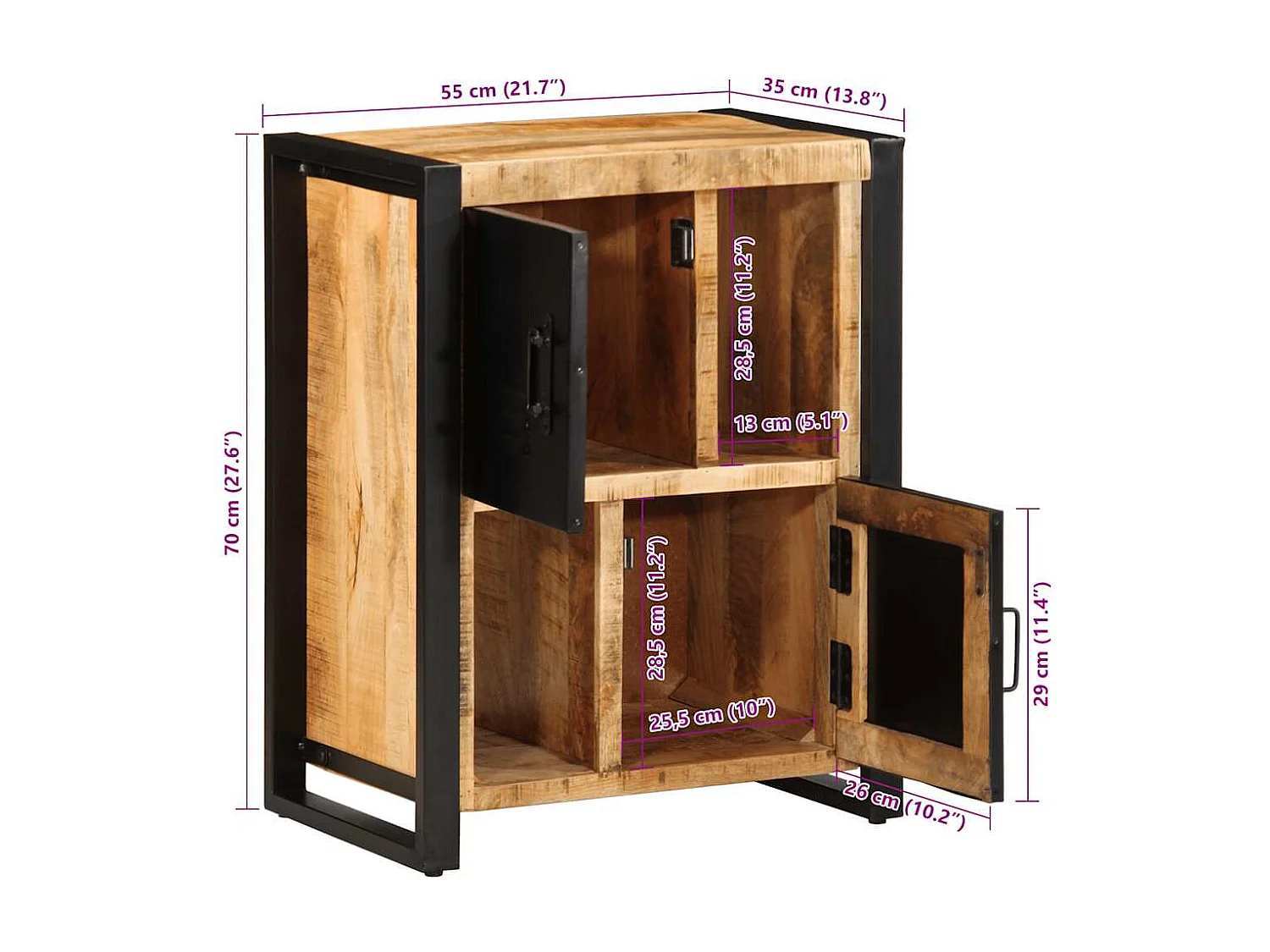 Buffet 55x35x70 cm bois de manguier brut massif