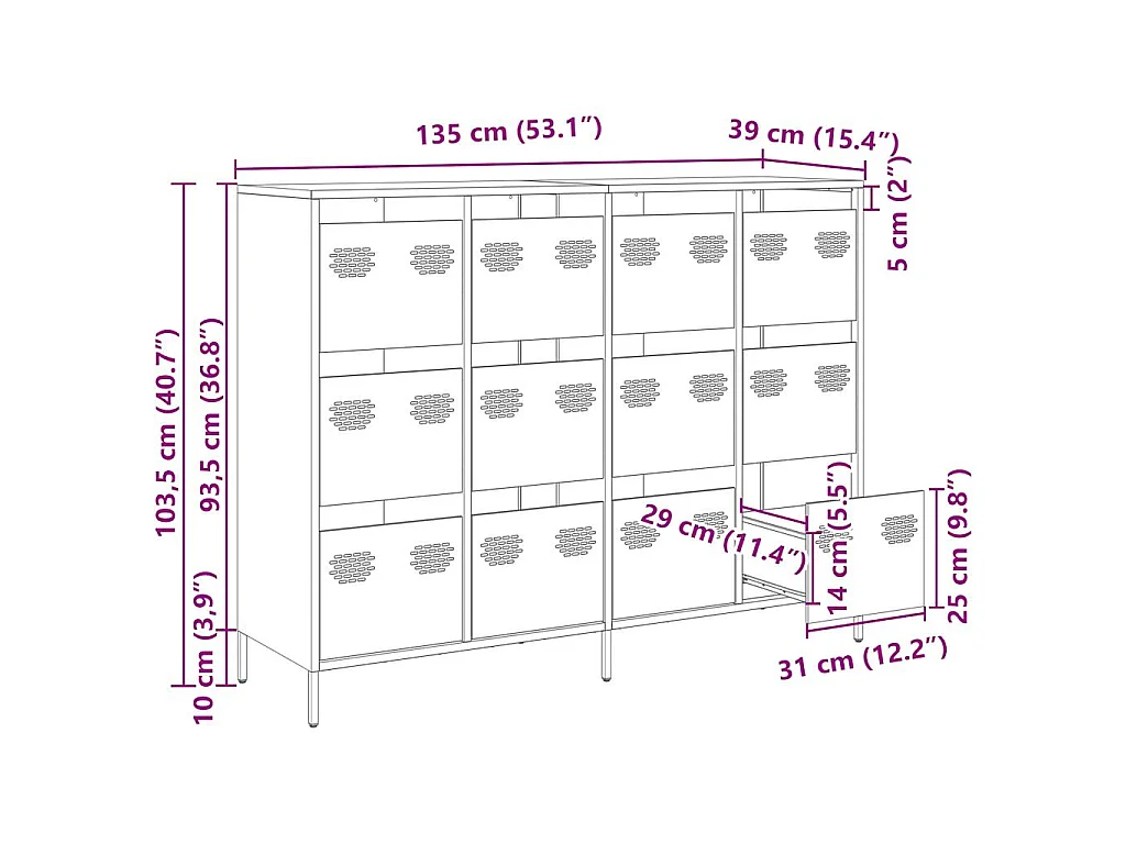Dressoir 135x39x103,5 cm koudgewalst staal zwart
