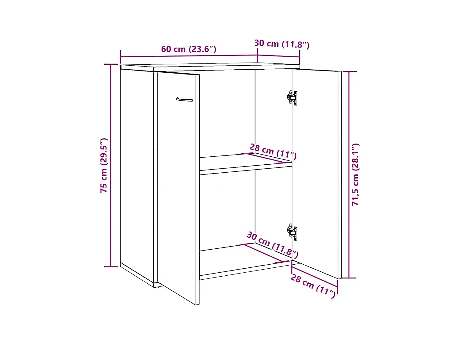 Buffet chêne artisanal 60x30x75 cm bois d'ingénierie