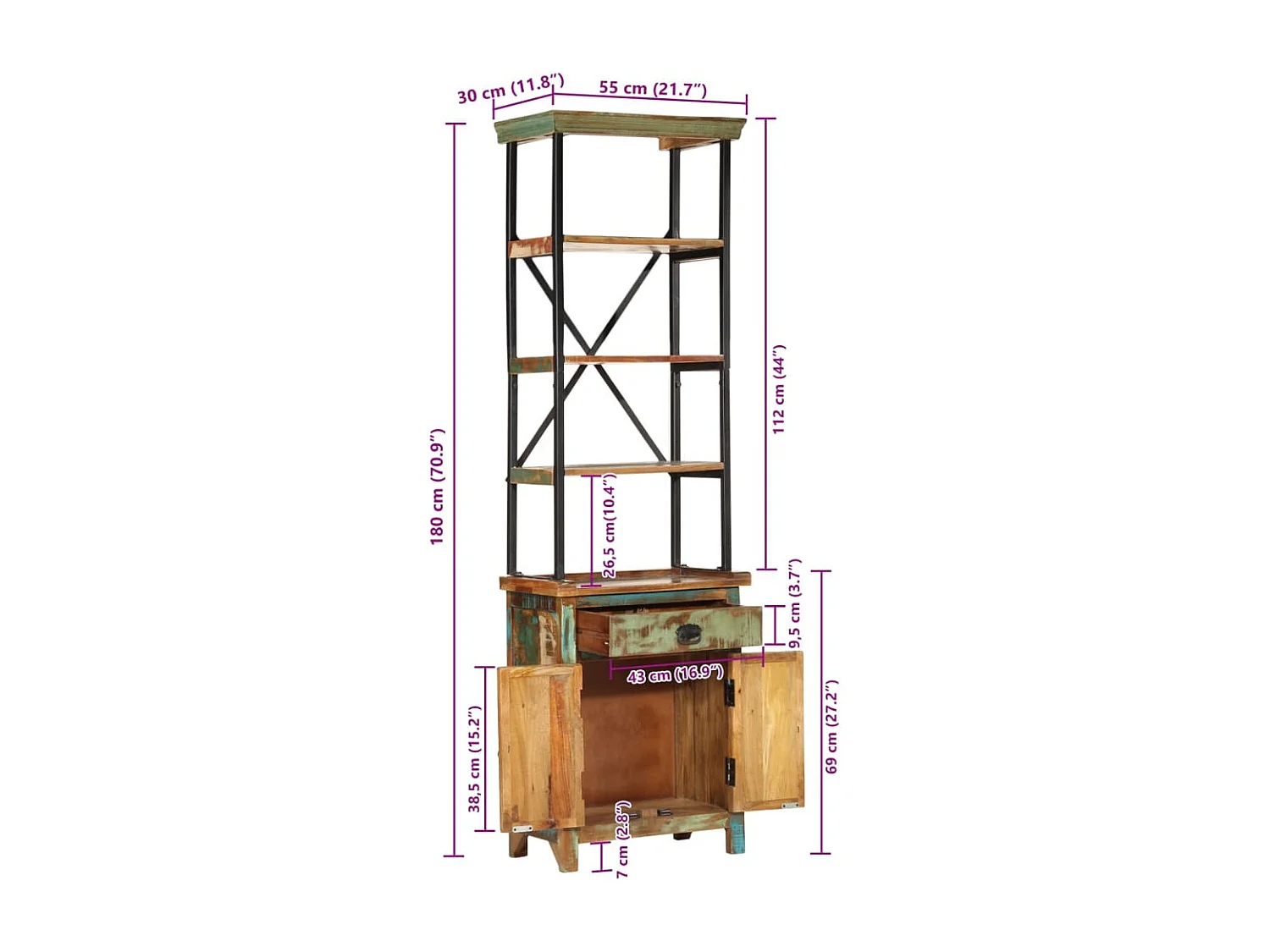 Aparador de madera maciza reciclada 55x30x180 cm