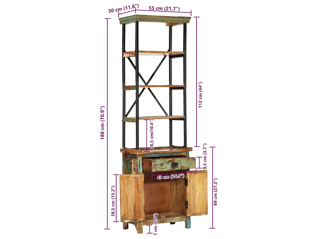 Aparador de madera maciza reciclada 55x30x180 cm