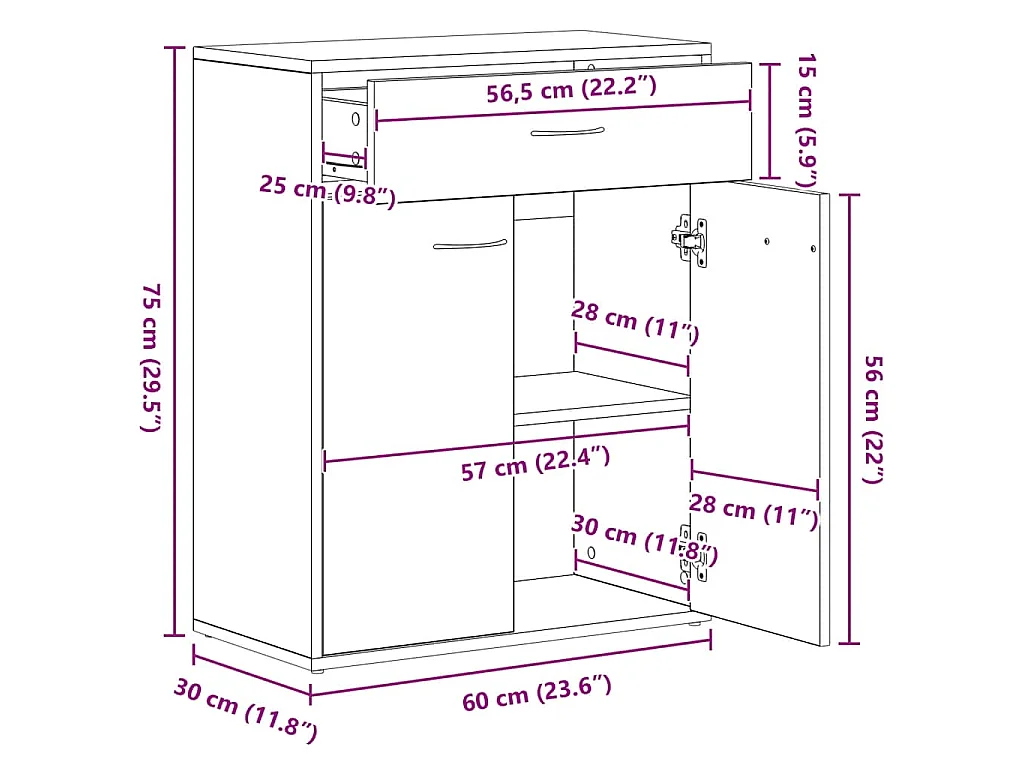 Dressoir 60x30x75 cm bewerkt hout oud houtkleurig