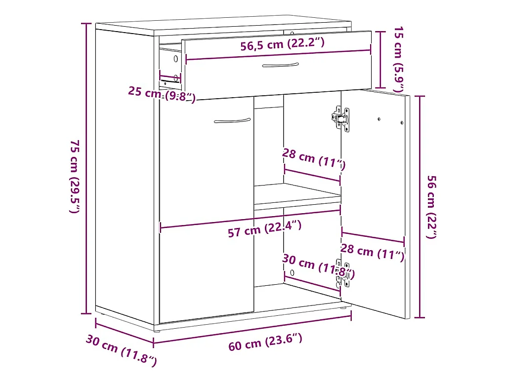 Dressoir 60x30x75 cm bewerkt hout oud houtkleurig