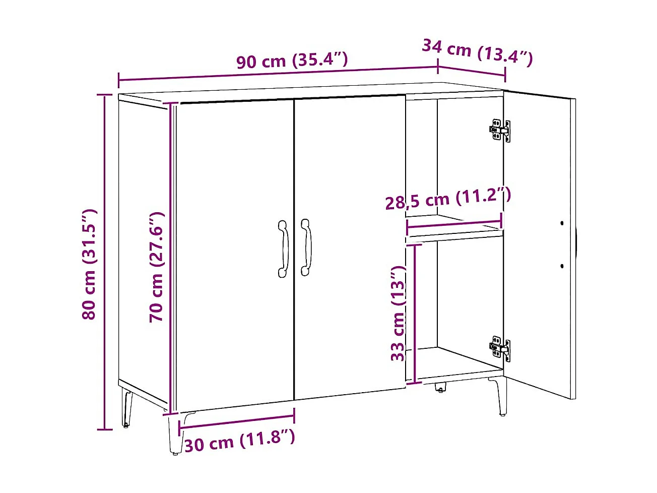 Buffet chêne artisanal 90x34x80 cm bois d'ingénierie