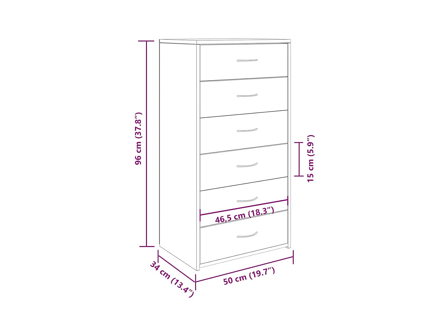Dressoir met 6 lades 50x34x96 cm bewerkt hout oud houtkleurig