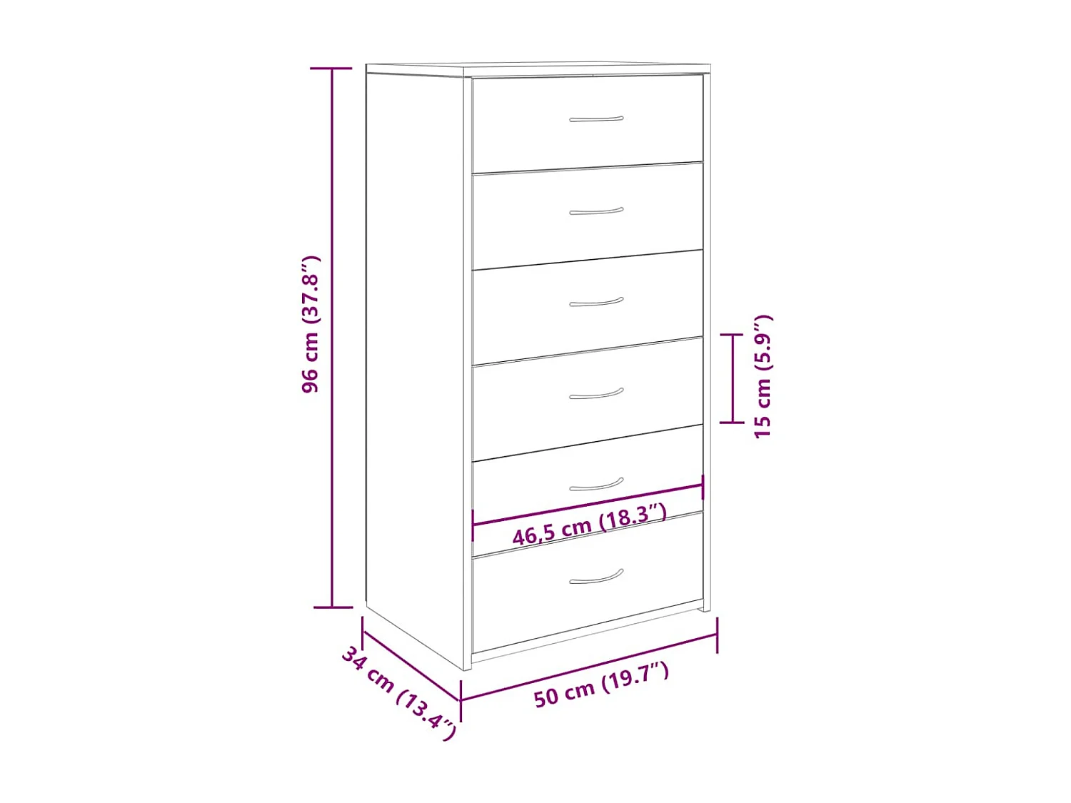 Buffet avec 6 tiroirs vieux bois 50x34x96 cm bois d'ingénierie