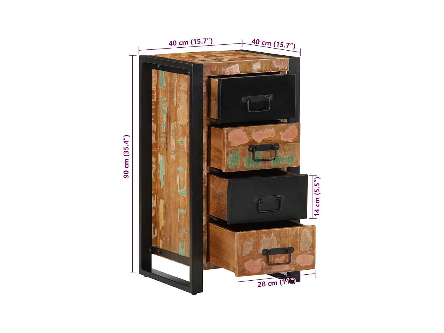 Cassettiera Multicolore 40x40x75 cm Legno Massello di Recupero